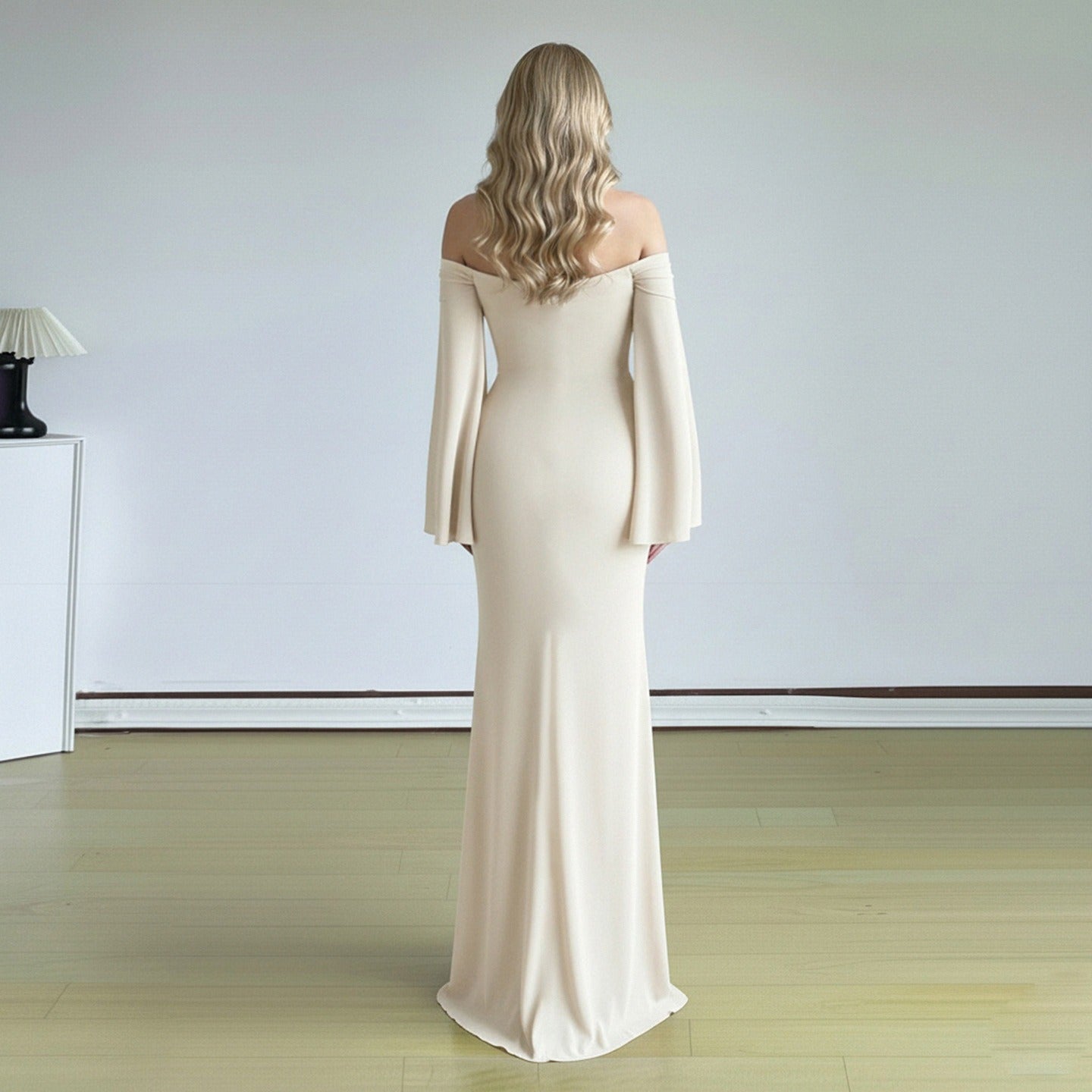 Off-Shoulder Sweetheart Rhinestone Flare Sleeve Ruched Mermaid Gown 6