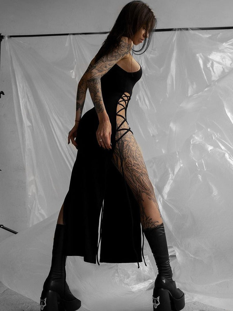 Hollow out sleeveless lace up slit solid maxi dress
