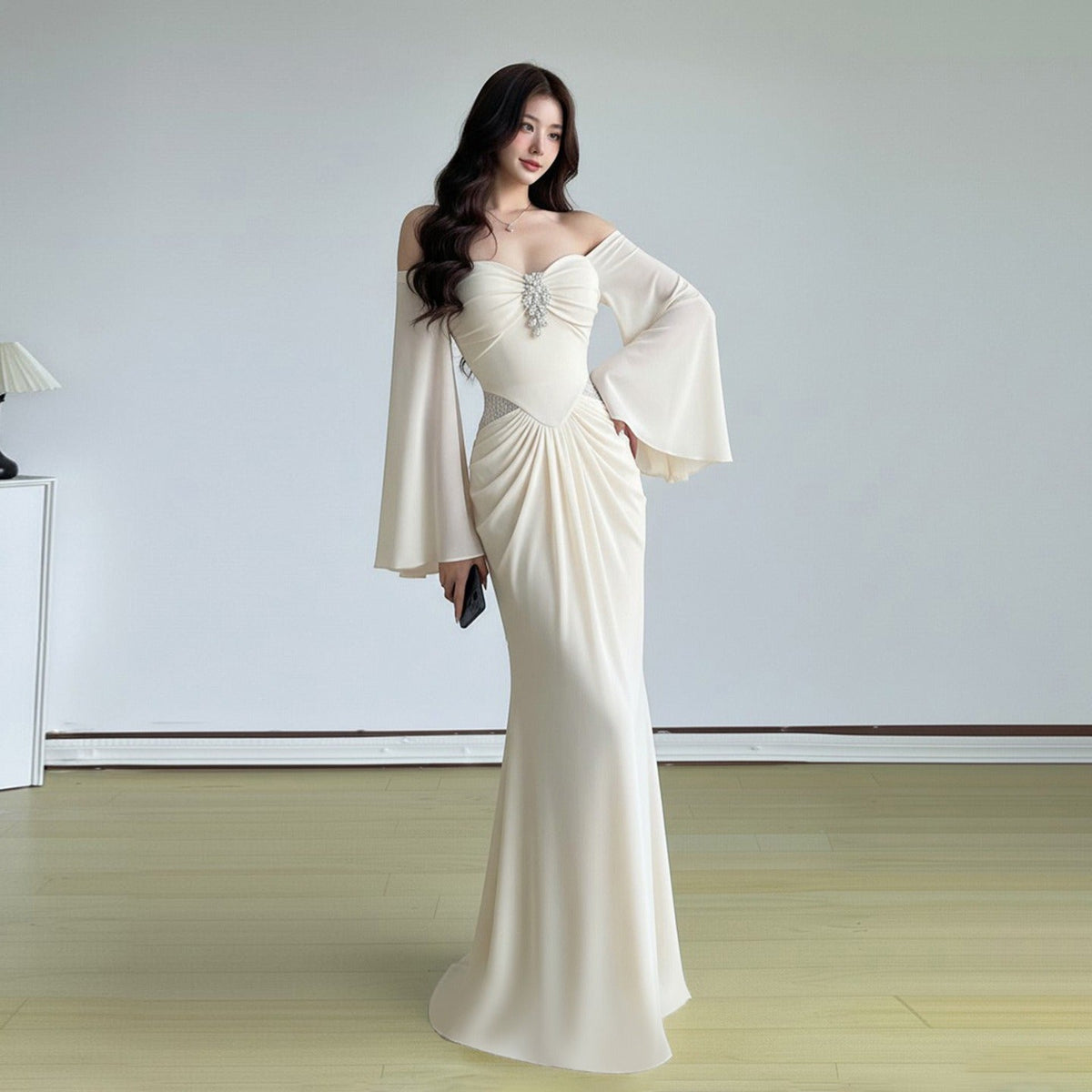 Off-Shoulder Sweetheart Rhinestone Flare Sleeve Ruched Mermaid Gown 4