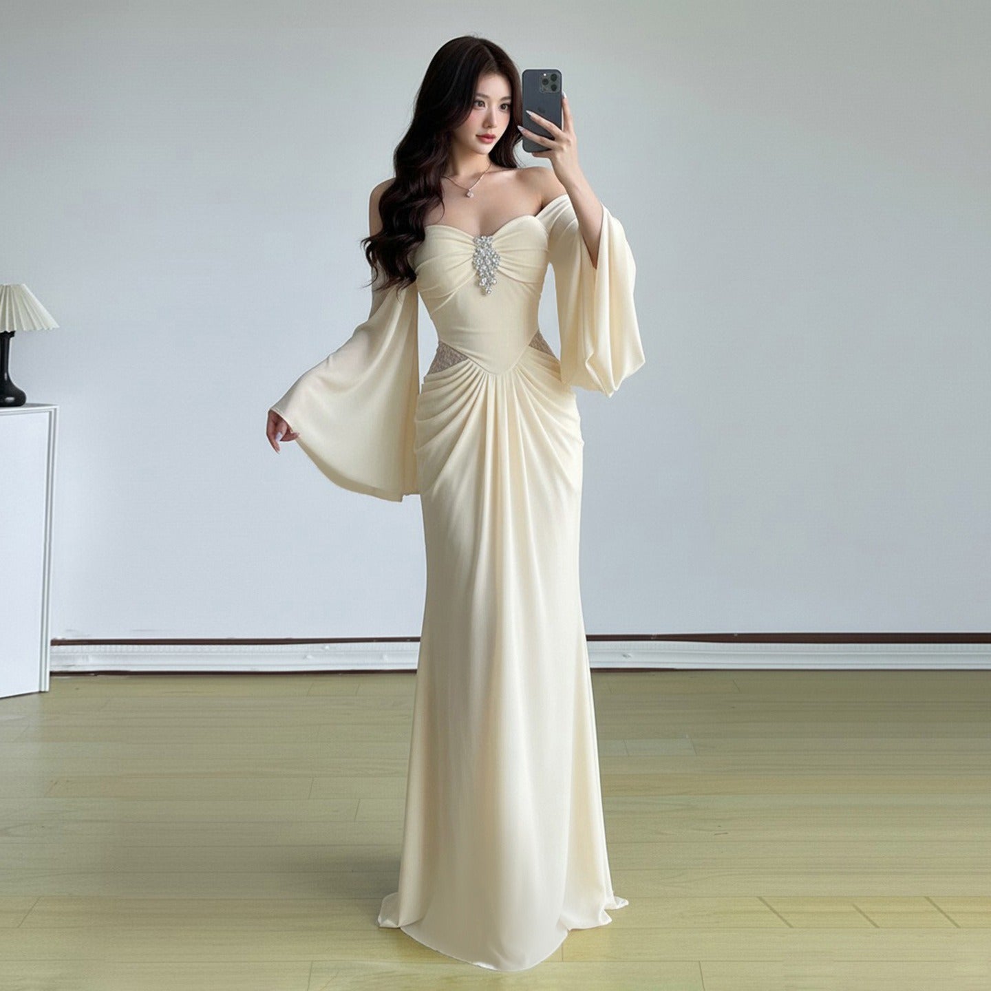 Off-Shoulder Sweetheart Rhinestone Flare Sleeve Ruched Mermaid Gown 2