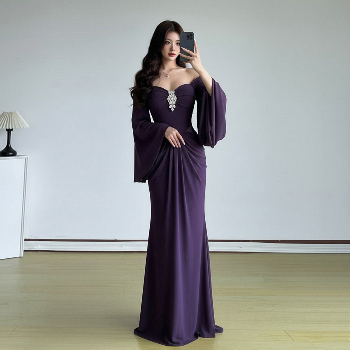 Off-Shoulder Sweetheart Rhinestone Flare Sleeve Ruched Mermaid Gown 3