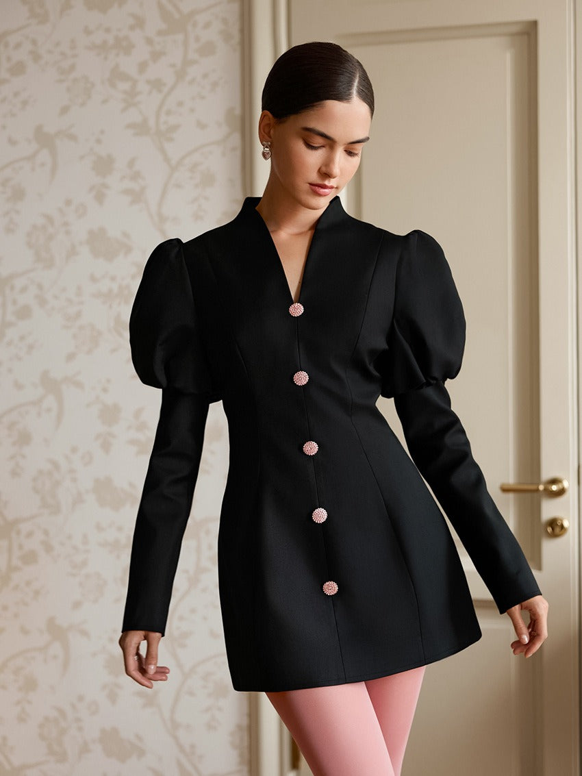 Black V-Neck Puff Sleeve Embellished Button Blazer Mini Dress 2