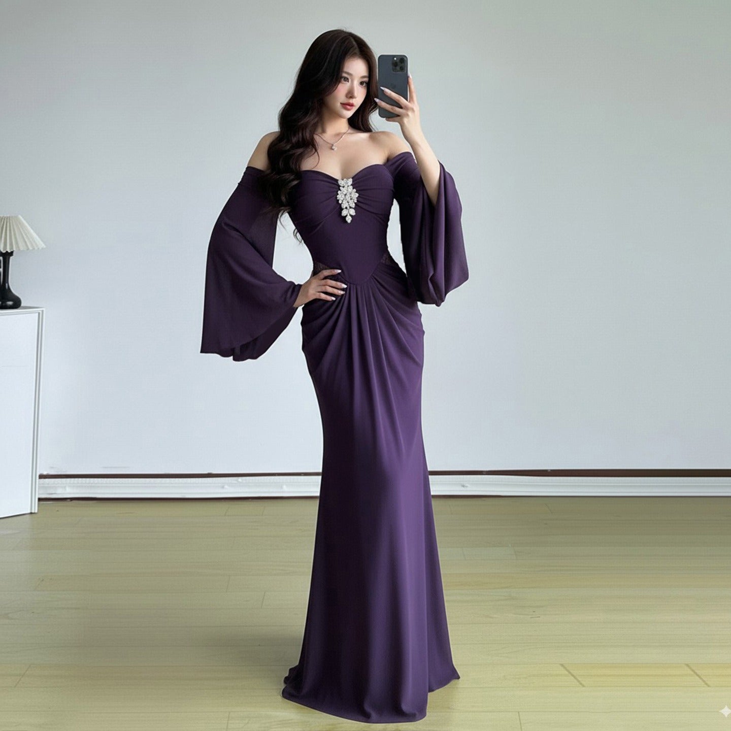 Off-Shoulder Sweetheart Rhinestone Flare Sleeve Ruched Mermaid Gown