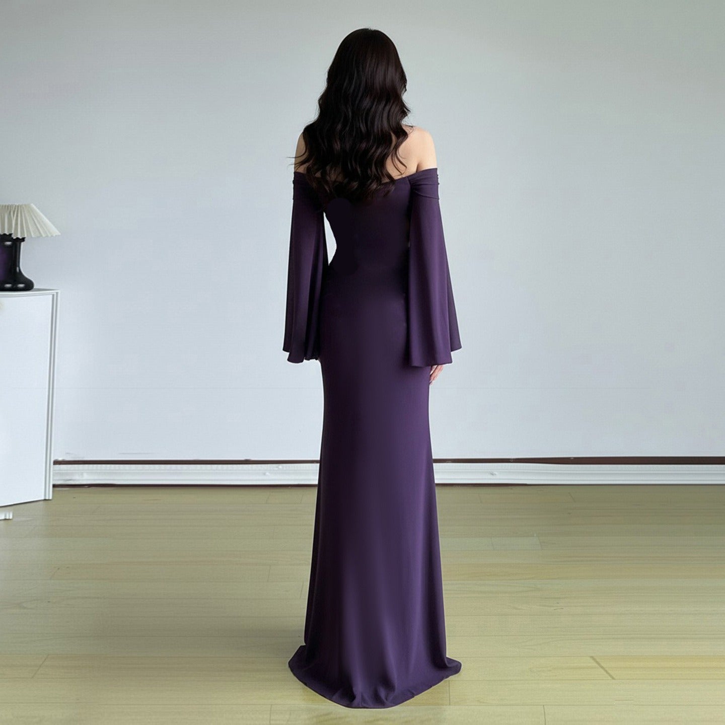 Off-Shoulder Sweetheart Rhinestone Flare Sleeve Ruched Mermaid Gown 5
