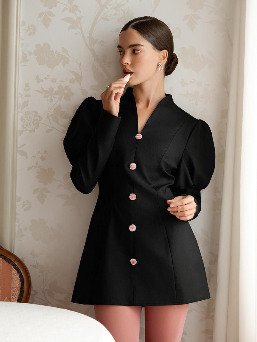 Black V-Neck Puff Sleeve Embellished Button Blazer Mini Dress 3