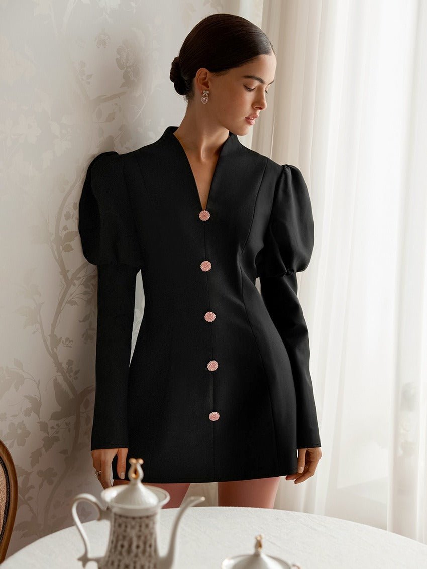 Black V-Neck Puff Sleeve Embellished Button Blazer Mini Dress 4