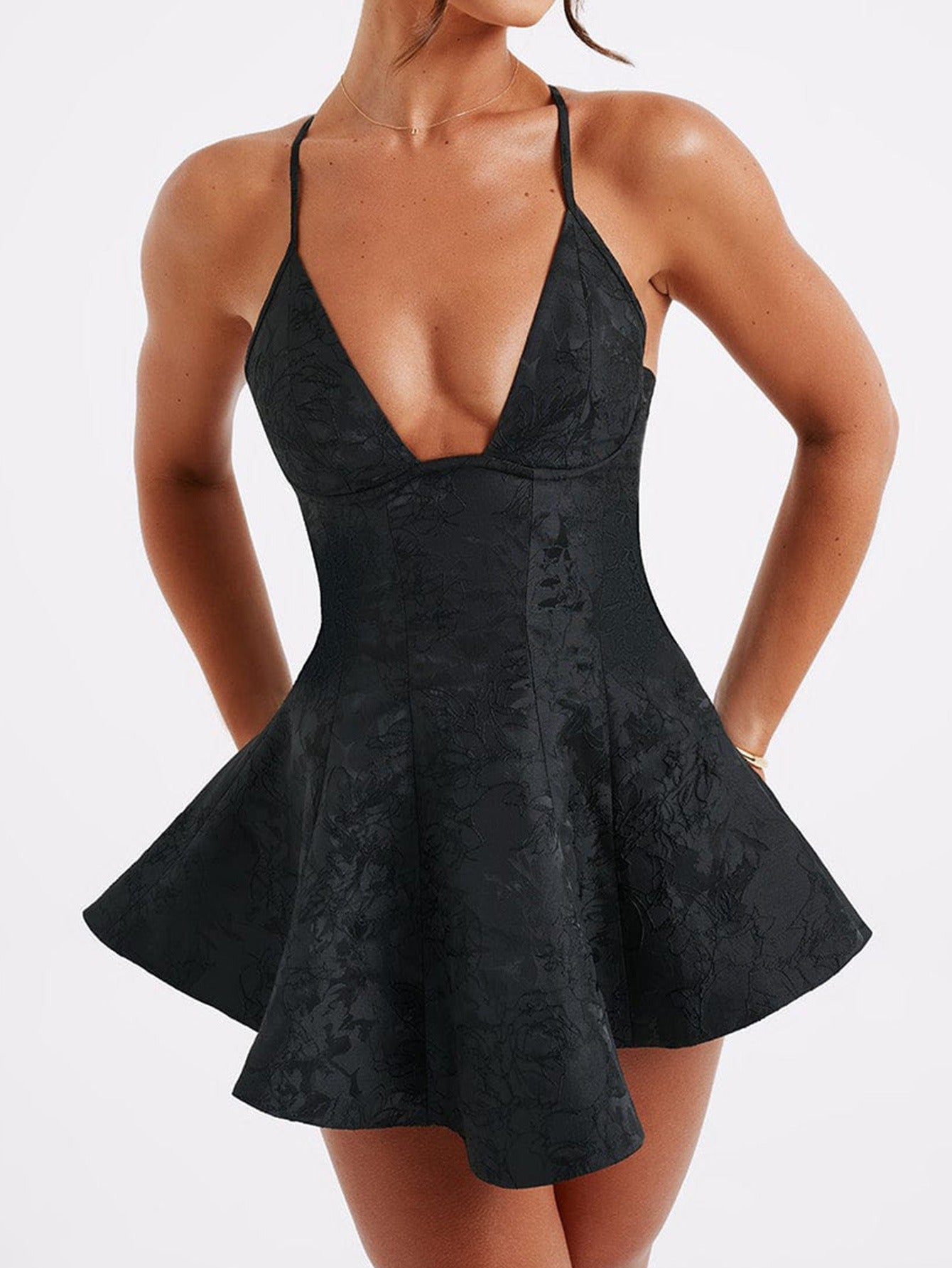 Plunge Neck Floral Jacquard Corset Flared A-Line Mini Dress 4