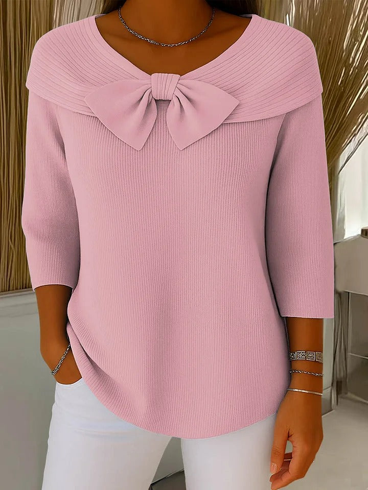 Foldover Collar Bow Front Ribbed Knit Sweater 2
