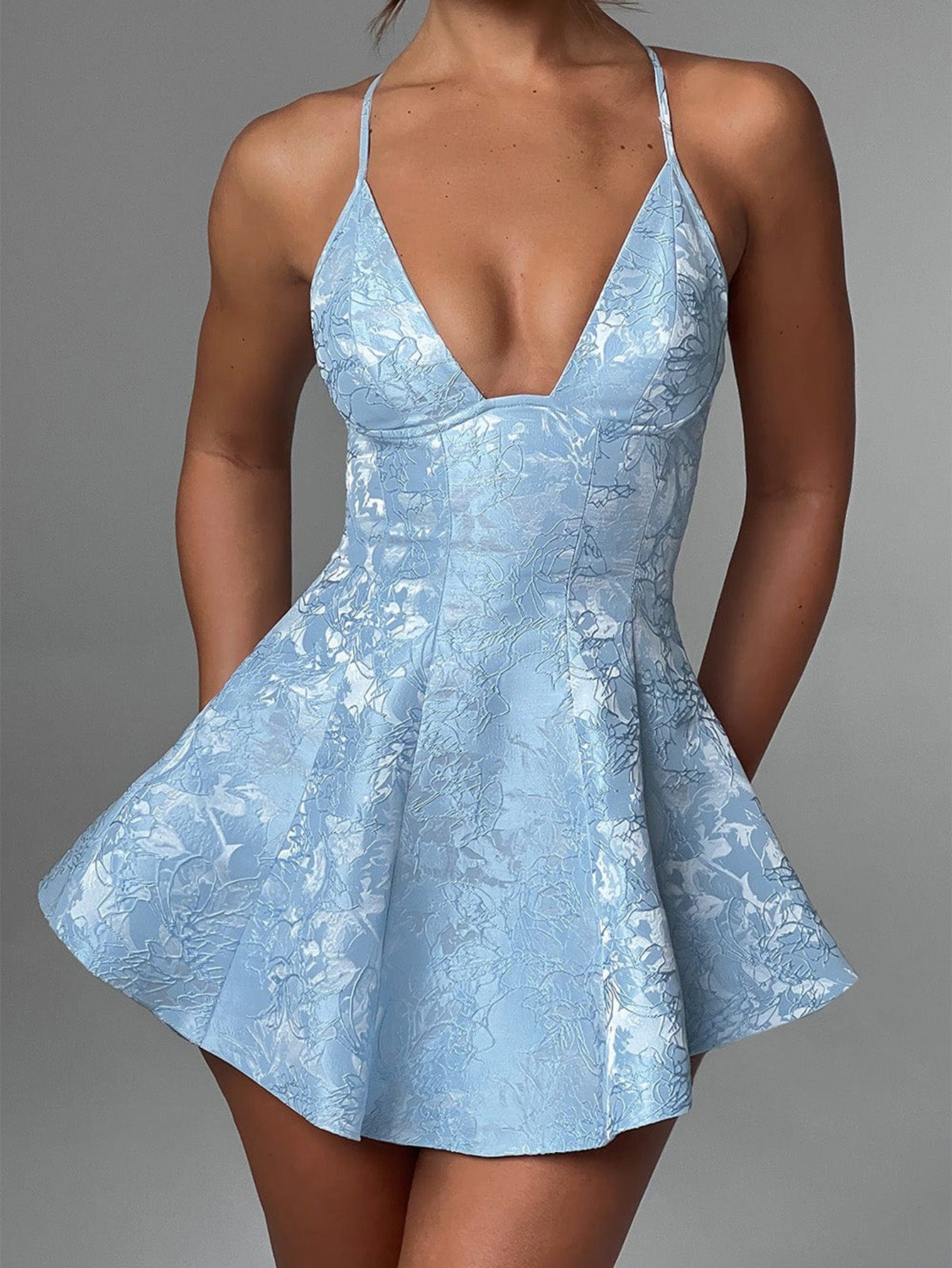 Plunge Neck Floral Jacquard Corset Flared A-Line Mini Dress 2