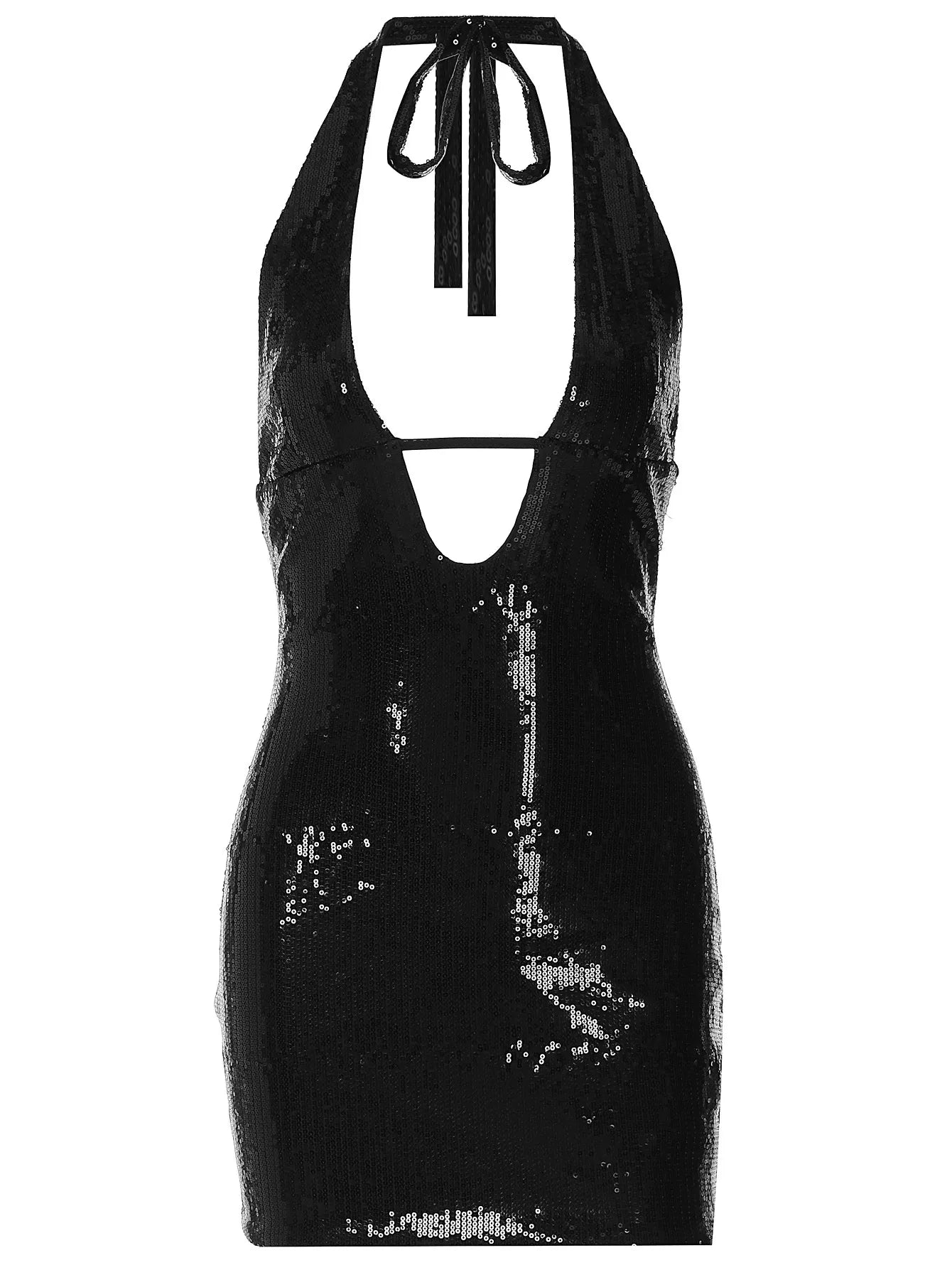 Black Halter Plunge Neck Sequin Backless Bodycon Maxi Dress