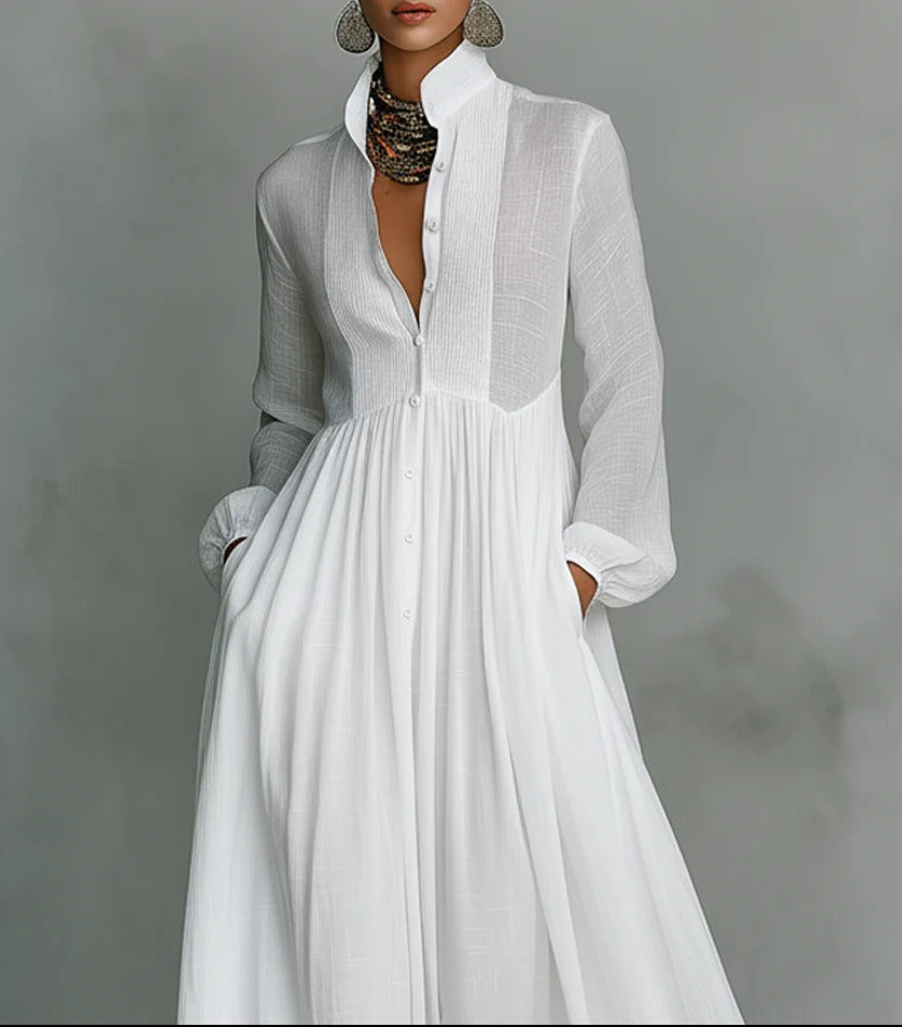 White Stand Collar Button Front Pintuck Long Sleeve Flowy Shirt Maxi Dress 3