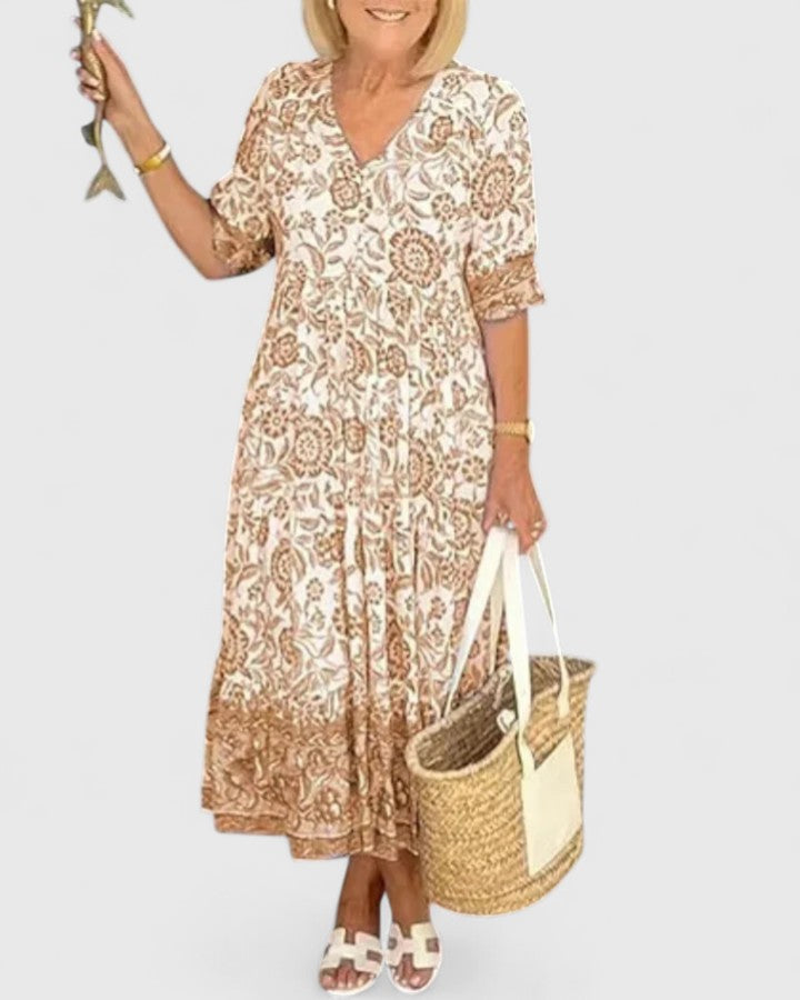 V-Neck Short Sleeve Floral Paisley Print Tiered A-Line Midi Dress 3
