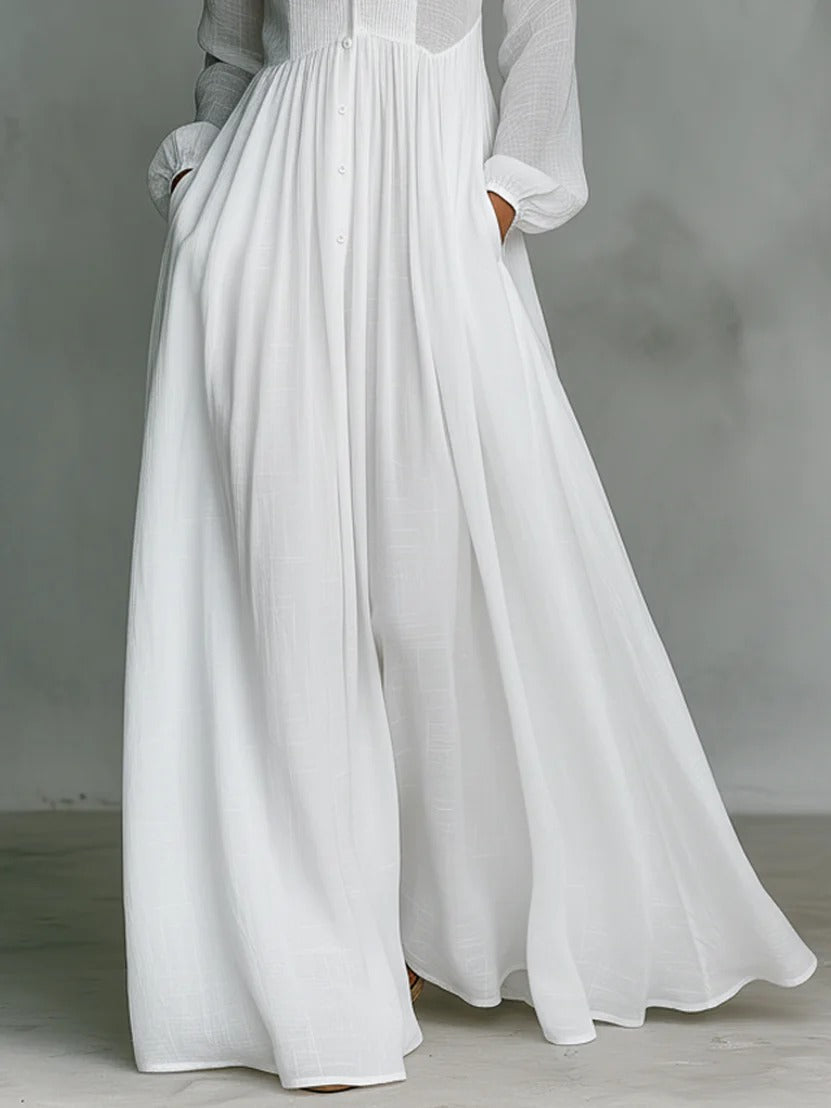 White Stand Collar Button Front Pintuck Long Sleeve Flowy Shirt Maxi Dress 4
