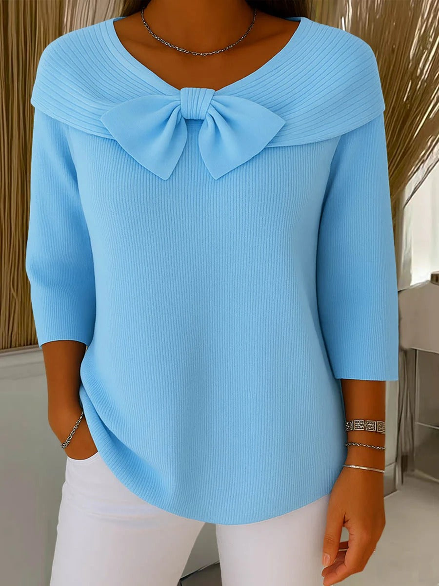 Foldover Collar Bow Front Ribbed Knit Sweater