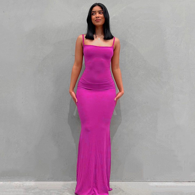 Spaghetti Strap Straight Neck Bodycon Maxi Dress