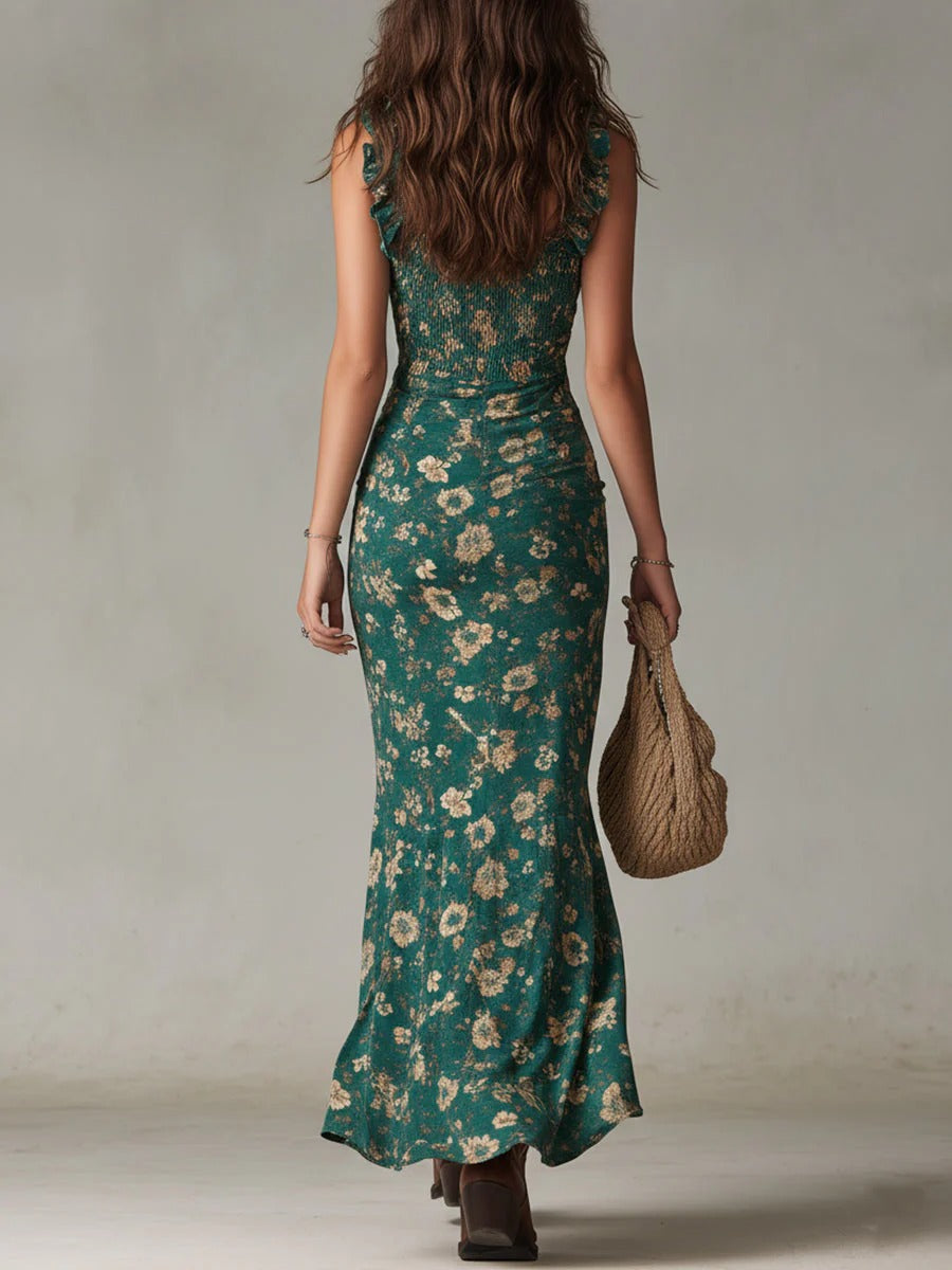 Green Ruffle Strap Square Neck Floral Smocked Ruffle High Slit Maxi Dress