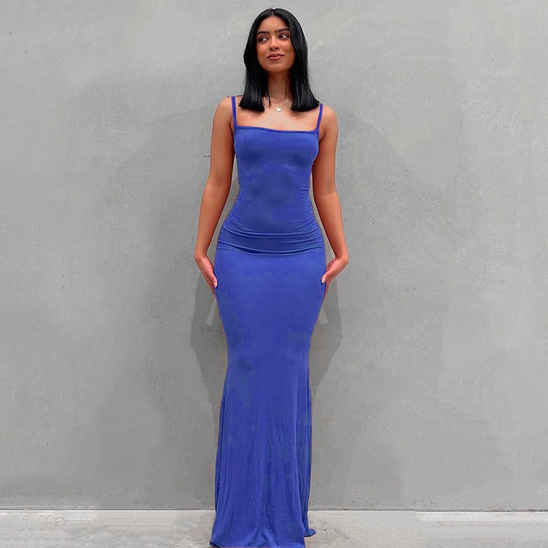 Spaghetti Strap Straight Neck Bodycon Maxi Dress