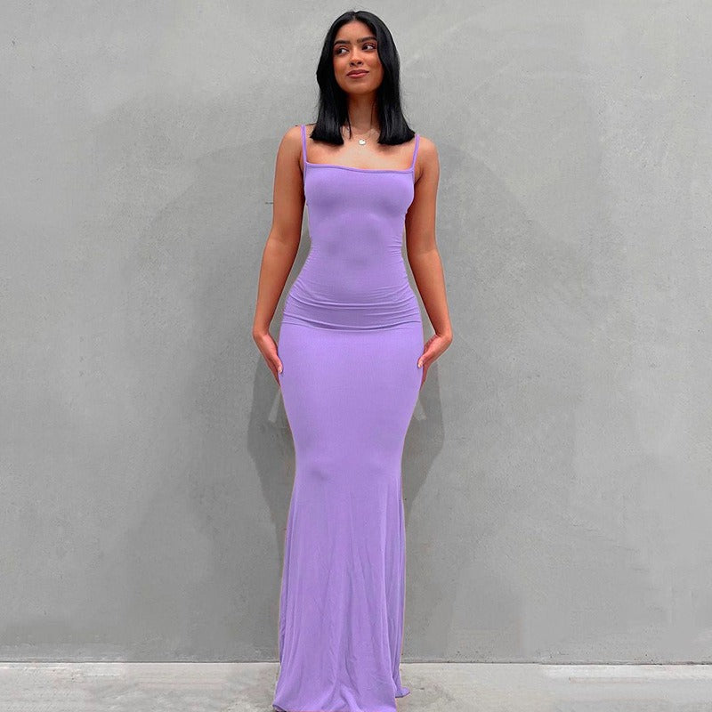 Spaghetti Strap Straight Neck Bodycon Maxi Dress