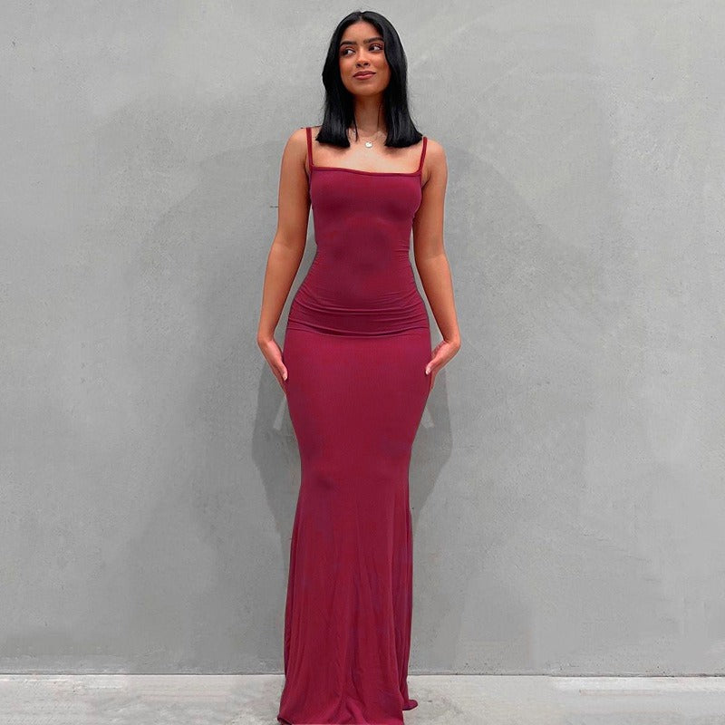 Spaghetti Strap Straight Neck Bodycon Maxi Dress