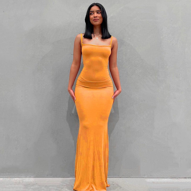 Spaghetti Strap Straight Neck Bodycon Maxi Dress
