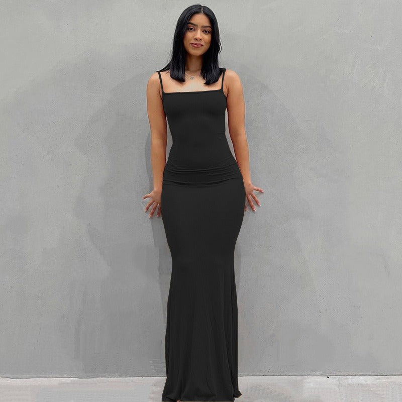 Spaghetti Strap Straight Neck Bodycon Maxi Dress