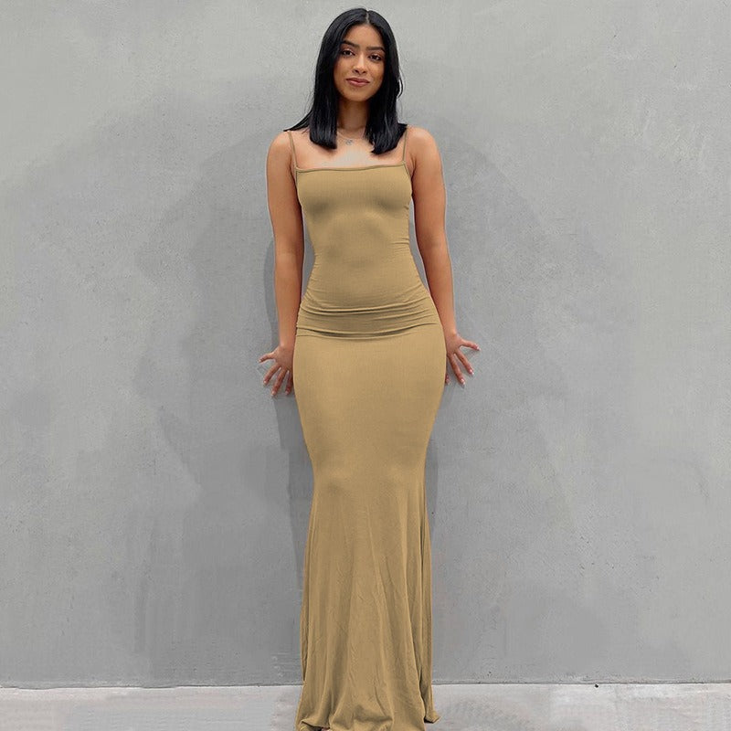 Spaghetti Strap Straight Neck Bodycon Maxi Dress