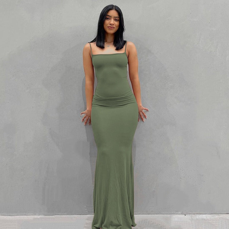 Spaghetti Strap Straight Neck Bodycon Maxi Dress