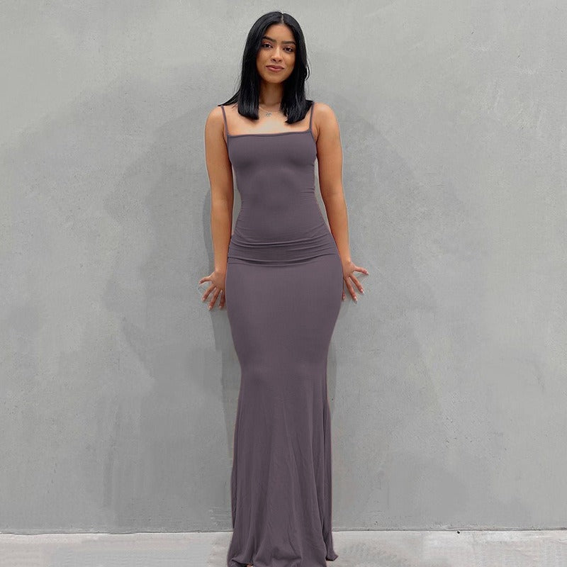 Spaghetti Strap Straight Neck Bodycon Maxi Dress