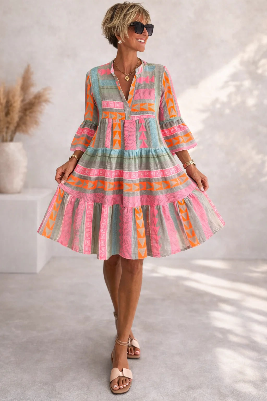 Split Neck Bell Sleeve Geometric Print Tiered Mini Dress