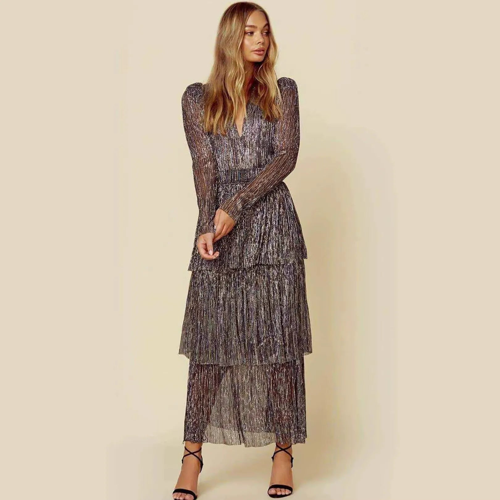 Christmas Elegant Sequin Long Sleeve V Neck Midi Dress