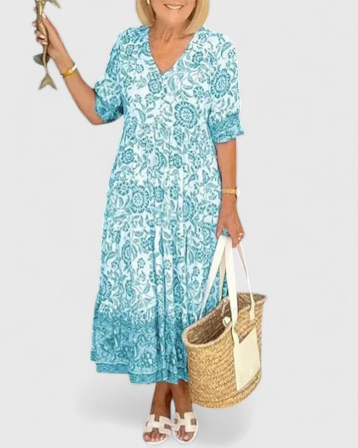 V-Neck Short Sleeve Floral Paisley Print Tiered A-Line Midi Dress 5