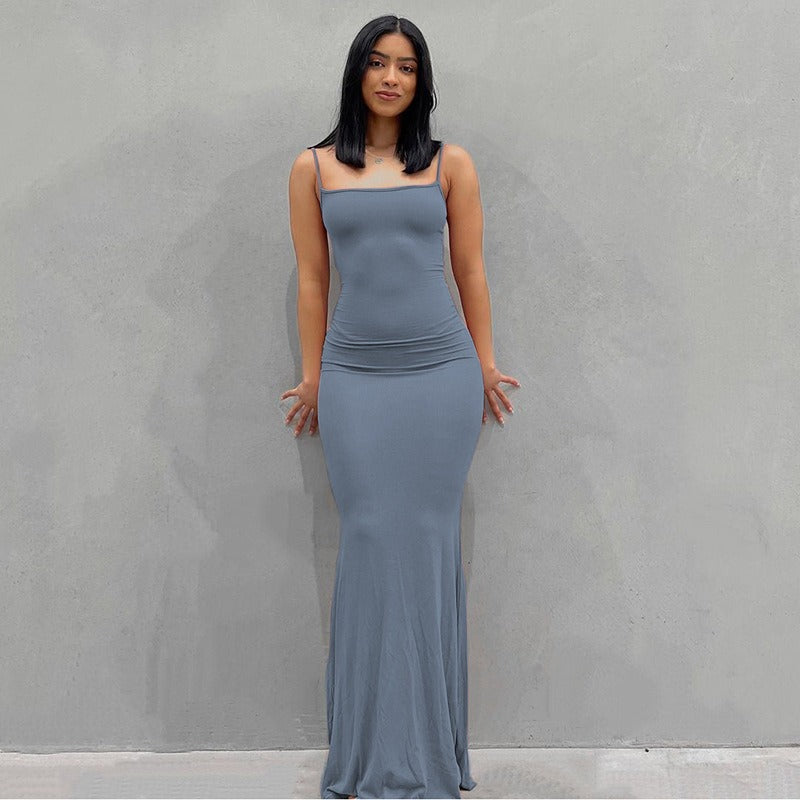 Spaghetti Strap Straight Neck Bodycon Maxi Dress
