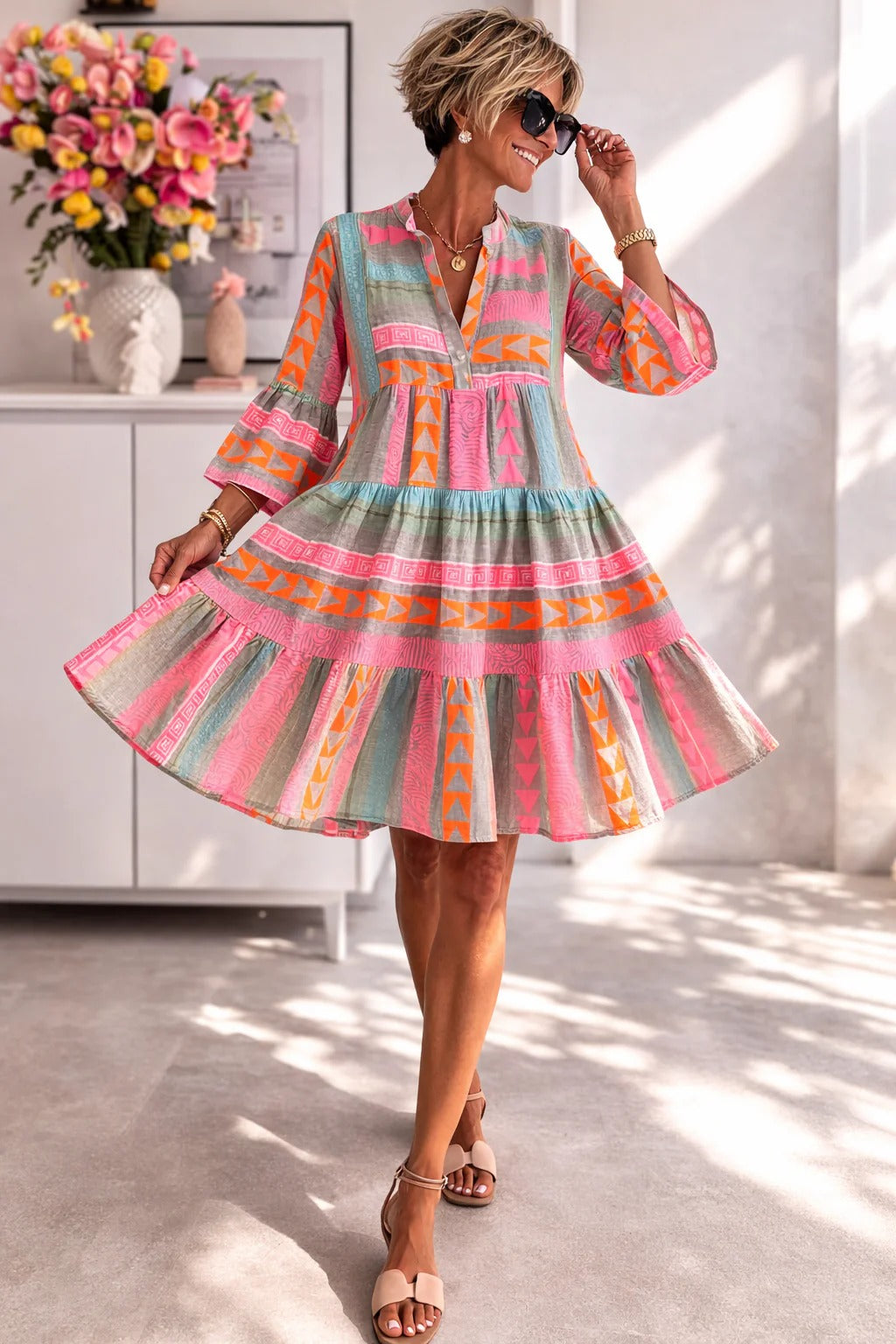 Split Neck Bell Sleeve Geometric Print Tiered Mini Dress 2