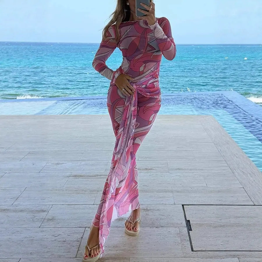 Gypsy Girl Mesh Unique Print Wide Neck Long Sleeve Stretch Maxi Dress