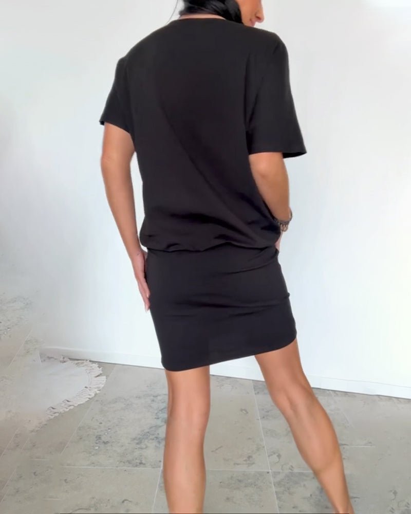 Round Neck Short Sleeve Blouson Bodycon Mini Dress 13