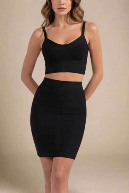 Woman wearing a figure flattering India Bandage Top and Mini Skirt Outfit Set - Classic Black BODYCON COLLECTION