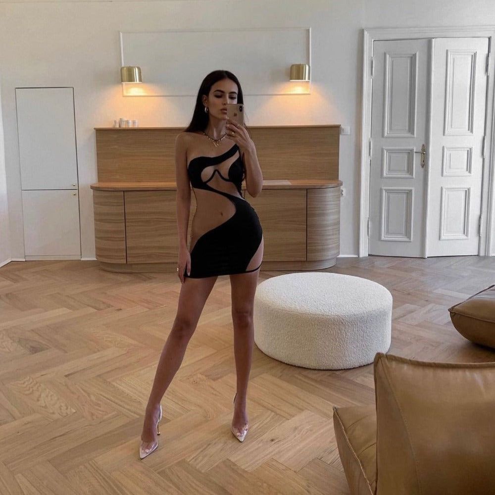 Black One Shoulder Asymmetric Cutout Mesh Bodycon Mini Dress