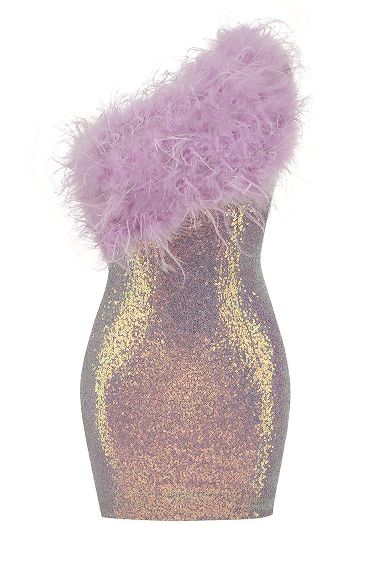 Lilac One Shoulder Feather Trim Sequin Bodycon Mini Dress 3