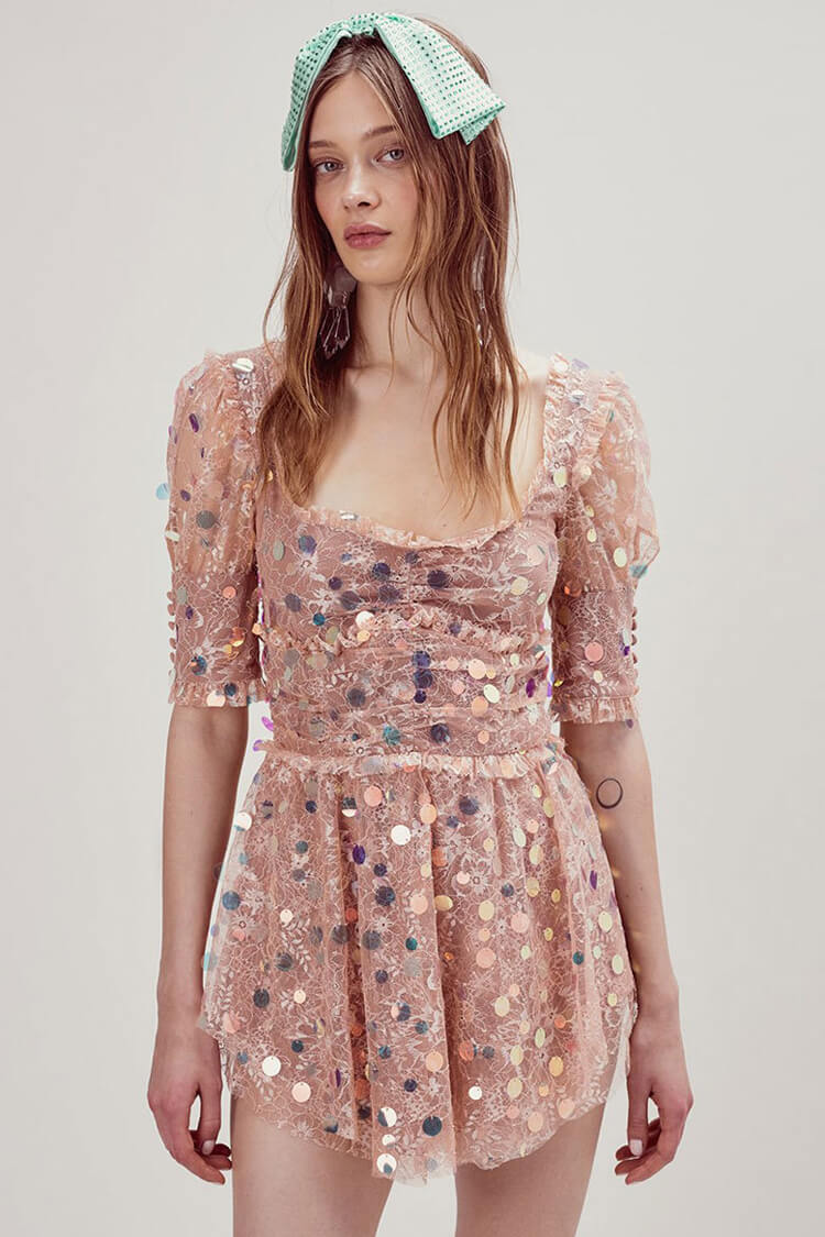 Pink Square Neck Sequin Lace Puff Sleeve Ruched Flared Mini Dress