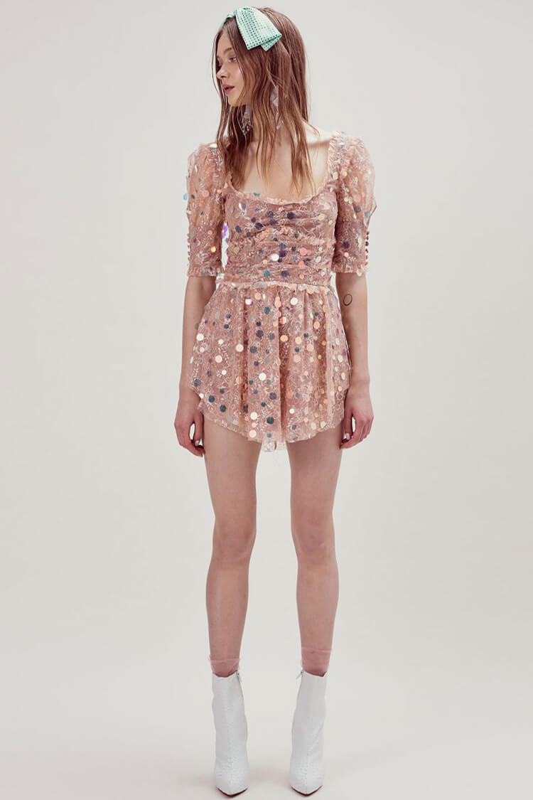 Pink Square Neck Sequin Lace Puff Sleeve Ruched Flared Mini Dress