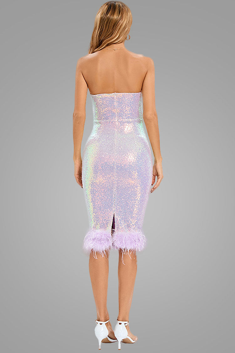 Lilac Sweetheart Strapless Sequin Feather Trim Bodycon Midi Dress