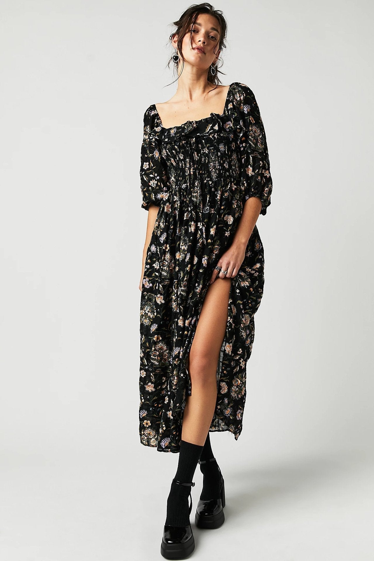 Ariadna Exclusive Printed Midi Dress with Ruched Bodice and Ruffles Statement Occasion Edit