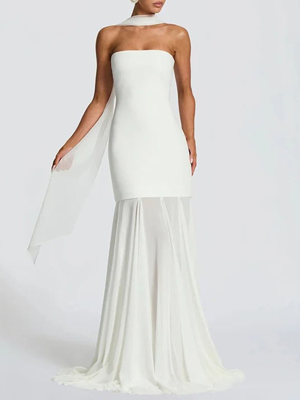 White Strapless Neck Scarf Drape Pleated Mermaid Maxi Gown 3