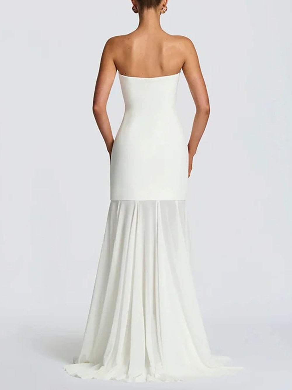 White Strapless Neck Scarf Drape Pleated Mermaid Maxi Gown 2
