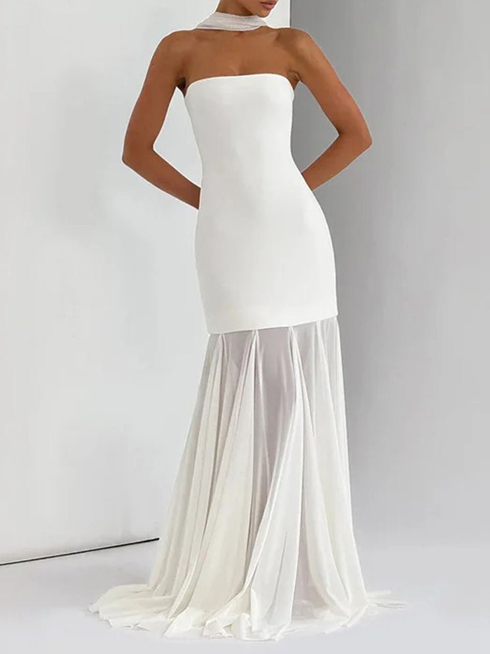 White Strapless Neck Scarf Drape Pleated Mermaid Maxi Gown 4