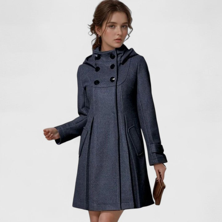 Hooded Double-Breasted Button Wool Pocket Swing Coat