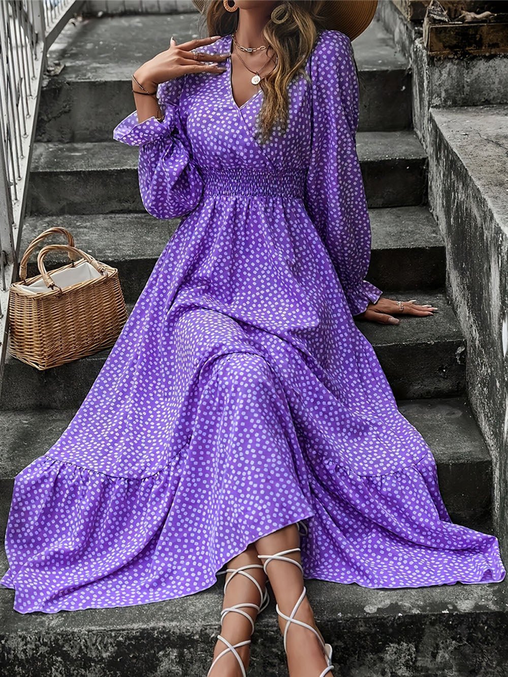 Purple Polka Dot Print Surplice V-Neck Smocked Waist Tiered Ruffle Maxi Dress 2