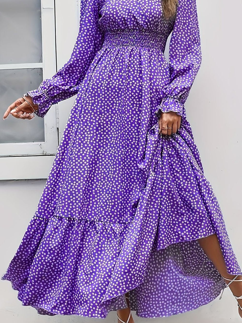 Purple Polka Dot Print Surplice V-Neck Smocked Waist Tiered Ruffle Maxi Dress 6