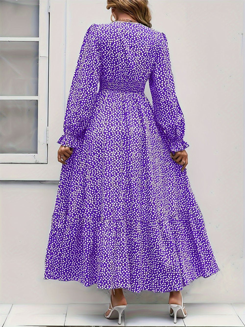 Purple Polka Dot Print Surplice V-Neck Smocked Waist Tiered Ruffle Maxi Dress 3