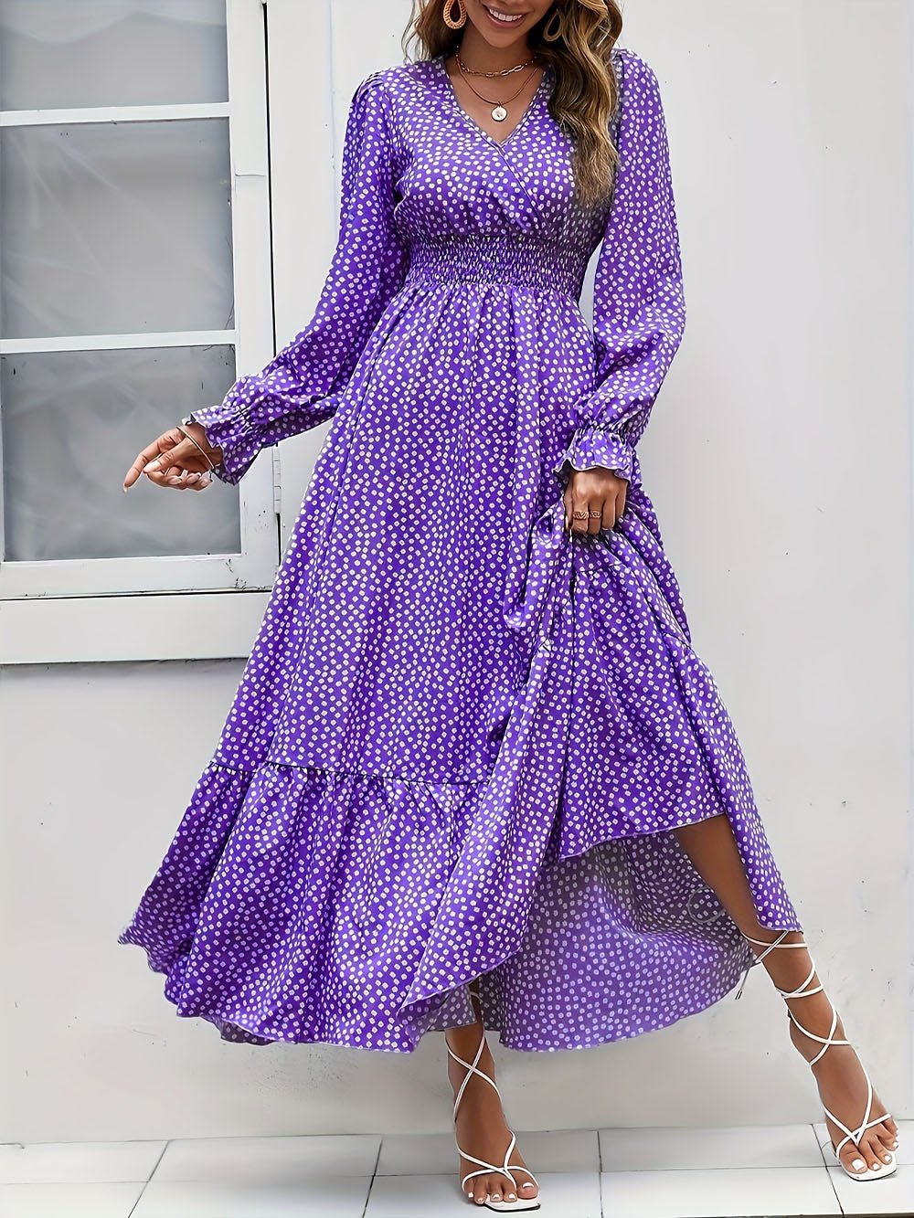 Purple Polka Dot Print Surplice V-Neck Smocked Waist Tiered Ruffle Maxi Dress 4